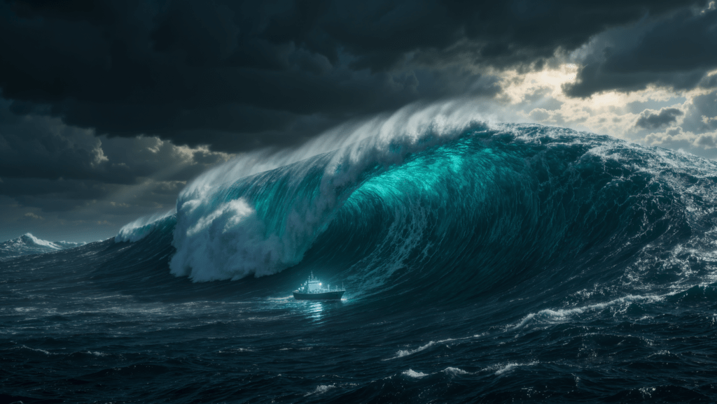 Onda gigante che sta per travolgere una nave fantasma nell'oceano di notte