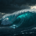 Onda gigante che sta per travolgere una nave fantasma nell'oceano di notte